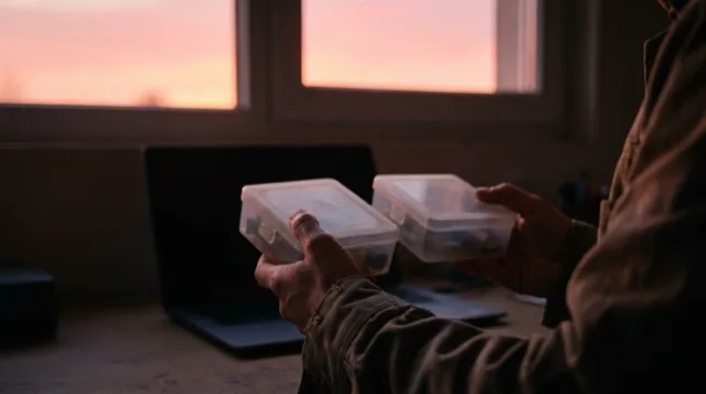 A maker's bench at dusk; hands close a clear parts box and reach for another.