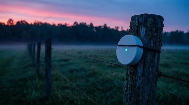 The field at dusk: the sensor on its post; its light switches on teal.
