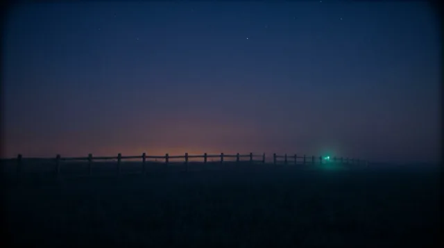 The field at nightfall from far off: one tiny teal point on a distant post.