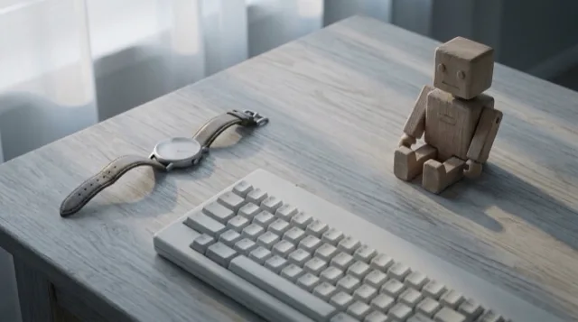 A plain watch, a keyboard and a small toy on a table at dawn: the button-cell world.