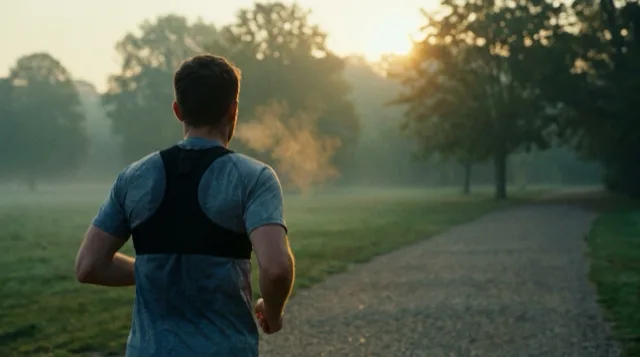 A runner from behind on a path at dawn, a strap across the back.