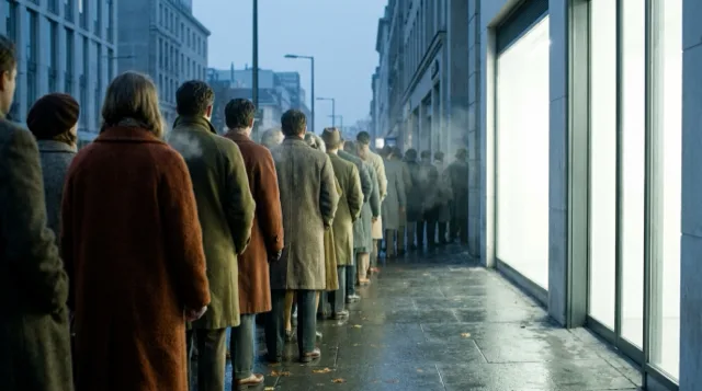 A launch-day queue at dawn outside a glass storefront, seen from behind.