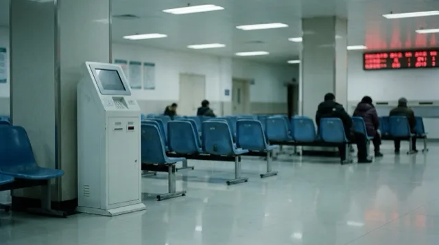 A waiting hall with a ticket kiosk, numbers glowing out of focus.