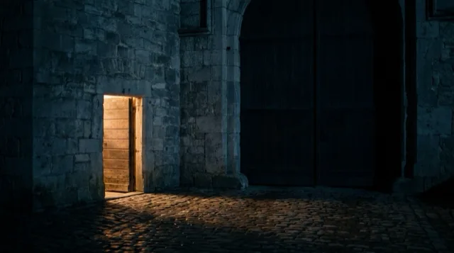 A small side door in a great stone wall, ajar, warm light spilling out.