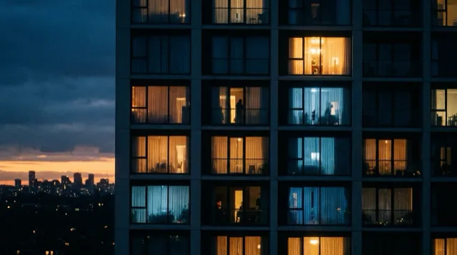 A grid of apartment windows at dusk; lights switch on in a few.