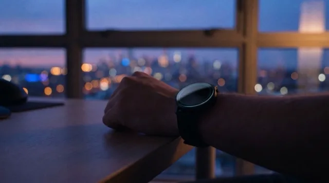 A wrist on a desk edge at dusk, a plain round watch's glow pulsing.