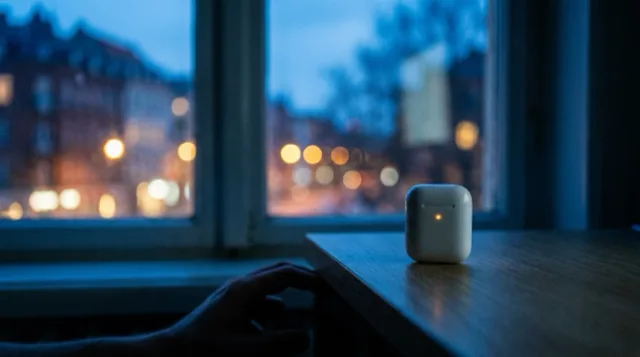 A white earbud case on a desk by the window; its tiny status light pulses.