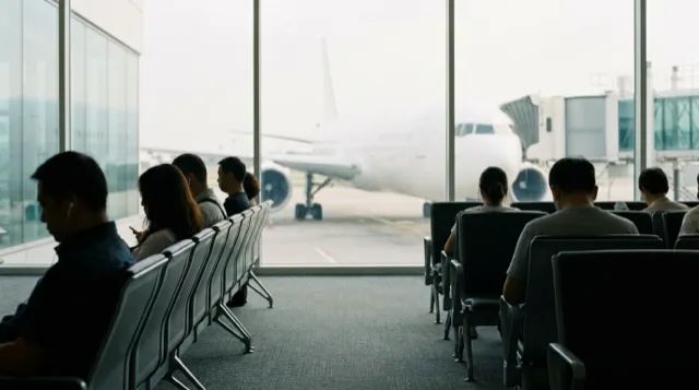 An airport gate seen from behind the seated travellers; a white aircraft outside.