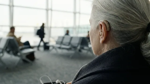 Close from behind on a traveller's ear with a small beige hearing aid, silver hair.