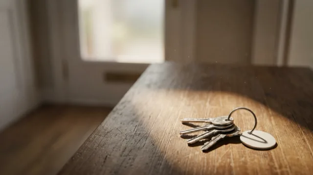 Keys and a small white tag on a hall table; a patch of morning sun slides across them.