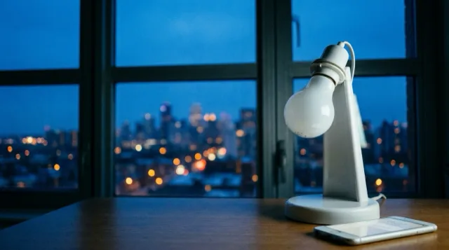 A plain smart bulb in a desk lamp warms up; the dusk window behind.
