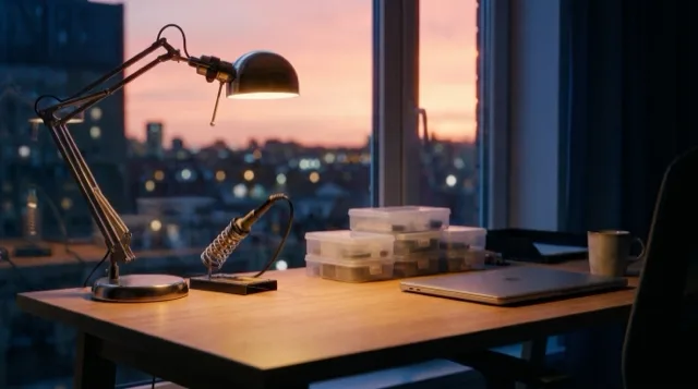 The maker's bench at dusk; the desk lamp switches on.