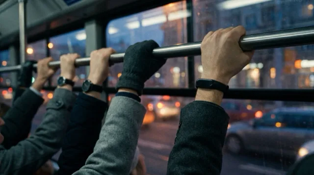 Wrists on a tram's handrail at dusk: watches and bands, all plain.