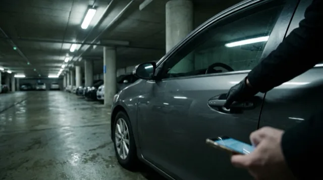 A hand reaches for a car's door handle in a parking garage at night.