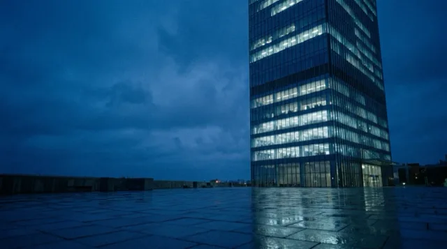 A glass office tower at dusk, floors lit.