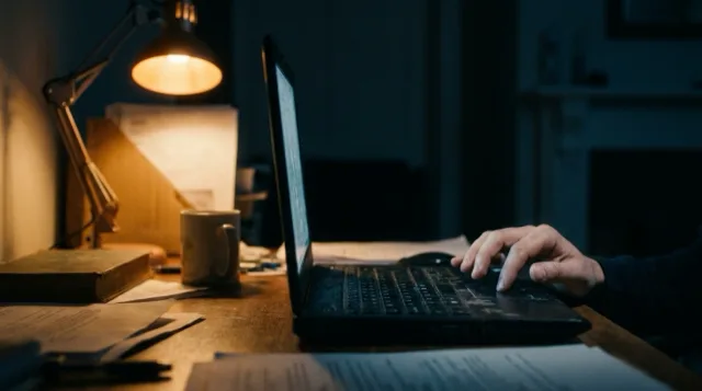 A finger poised over a laptop trackpad in lamp light; it waits, then clicks once.