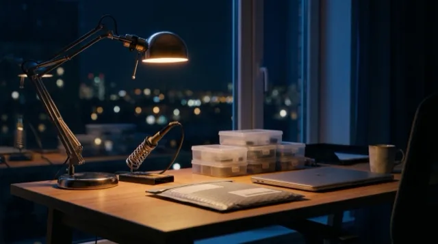 A maker's desk at night: a grey padded envelope lies under the lamp.