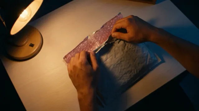 Two hands tear open the grey padded envelope under the lamp.