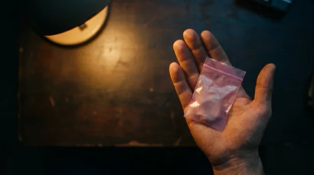 A small pink anti-static bag on an open palm; the shape inside is a soft blur.