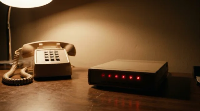 A beige early-1980s modem on a desk, its row of small red lights blinking in sequence.