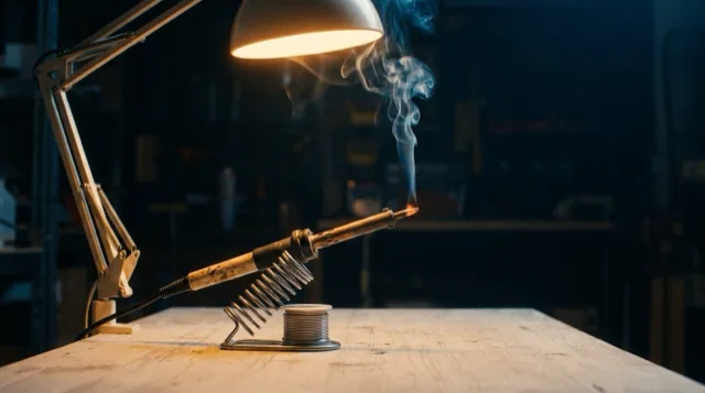A soldering iron's tip in its stand, a ribbon of smoke curling up in the lamp light.