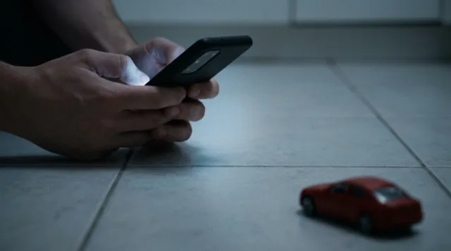 A hand holds a phone sideways like a controller at knee height, its glow on the tiles.