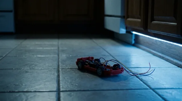 The red car, shell off, rolls across the tiles toward the camera.
