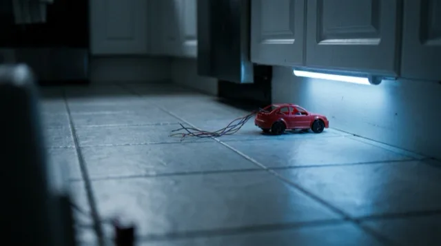 The red car stops a hand's width from a cabinet kickboard.