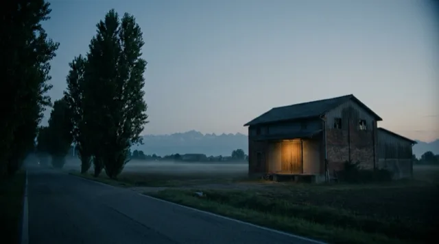 A low workshop building on the plain below the Alps at dusk, one lit loading door.