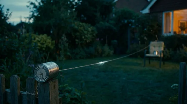 Two tin cans joined by a taut string across a garden at dusk.