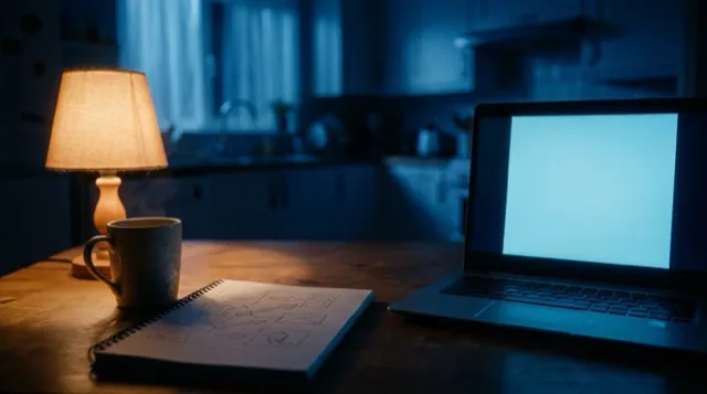 A laptop open on a kitchen table at night, screen turned away, a notebook of drawings.