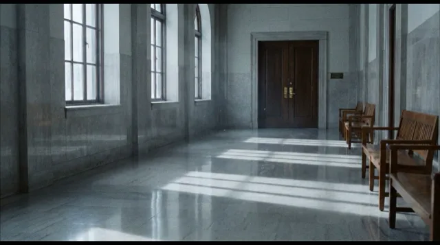 A courthouse corridor in winter light, closed wooden double doors at its end.