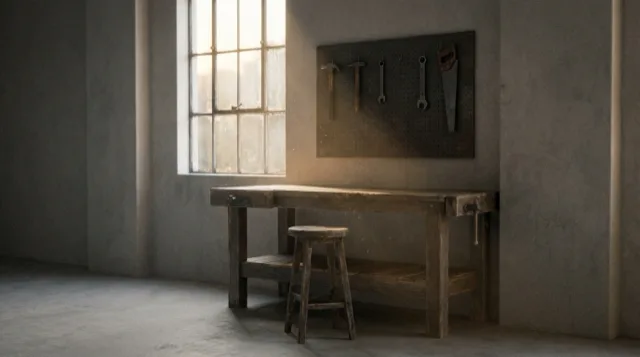 An empty workshop bench under a window at dawn.